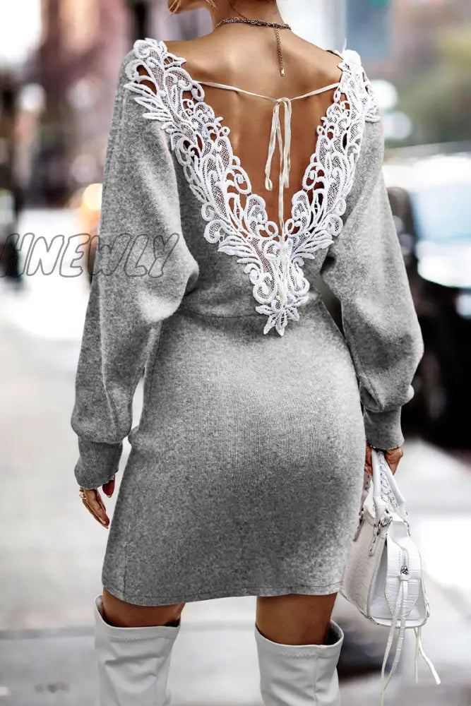 Hnewly - Sexy Elegant Solid Lace V Neck One Step Skirt Dresses(5 Colors) Dresses/Long Sleeve Dresses