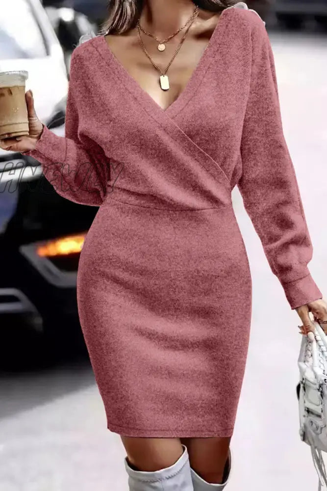 Hnewly - Sexy Elegant Solid Lace V Neck One Step Skirt Dresses(5 Colors) Pink / S Dresses/Long