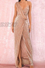 Hnewly - Sexy Elegant Solid Sequins V Neck One Step Skirt Dresses Gold / S Dresses/Party And