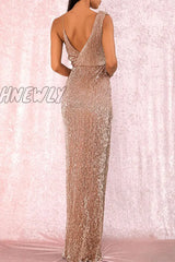 Hnewly - Sexy Elegant Solid Sequins V Neck One Step Skirt Dresses Dresses/Party And Cocktail