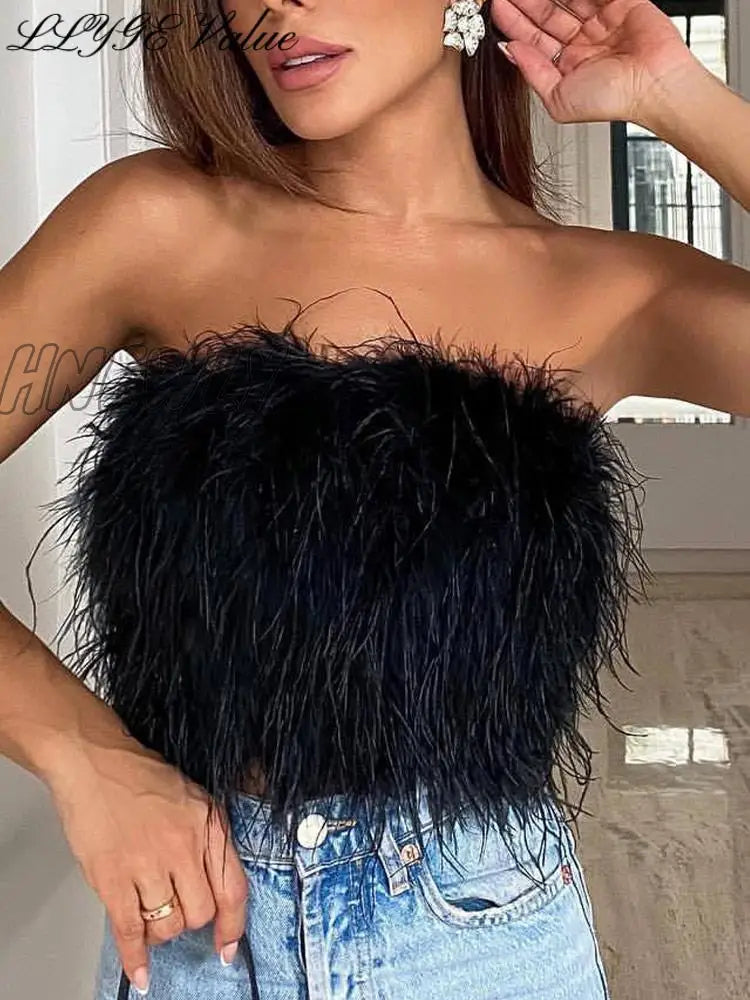 Hnewly Sexy Feather Cropped Tank Top Women Fashion Fluffy Backless Solid Tube Tops Female Spring