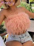Hnewly Sexy Feather Cropped Tank Top Women Fashion Fluffy Backless Solid Tube Tops Female Spring