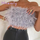 Hnewly Sexy Feather Cropped Tank Top Women Fashion Fluffy Backless Solid Tube Tops Female Spring Summer Lady New Party Club Vest Trendy Summer Fits