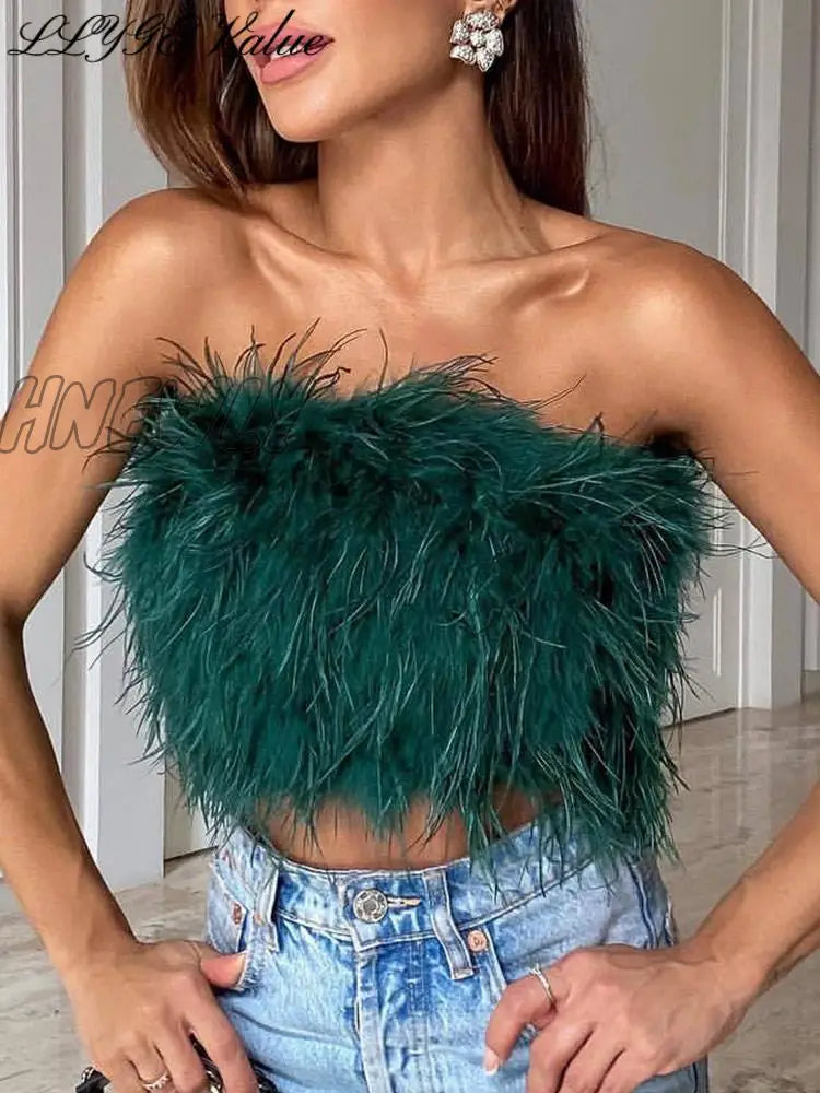Hnewly Sexy Feather Cropped Tank Top Women Fashion Fluffy Backless Solid Tube Tops Female Spring