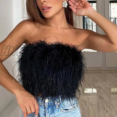 Hnewly Sexy Feather Cropped Tank Top Women Fashion Fluffy Backless Solid Tube Tops Female Spring