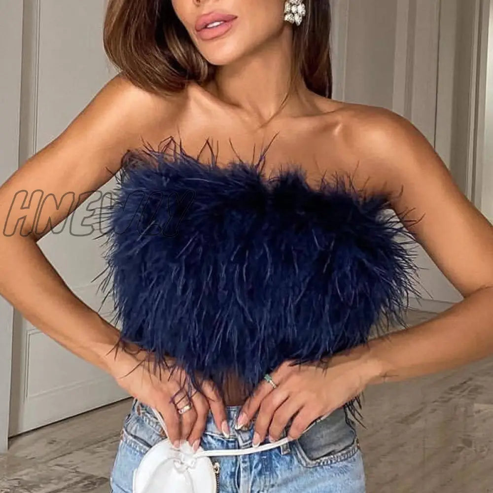 Hnewly Sexy Feather Cropped Tank Top Women Fashion Fluffy Backless Solid Tube Tops Female Spring