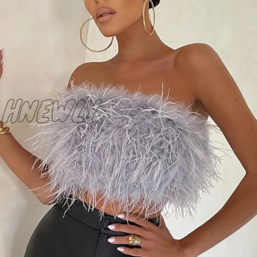 Hnewly Sexy Feather Cropped Tank Top Women Fashion Fluffy Backless Solid Tube Tops Female Spring