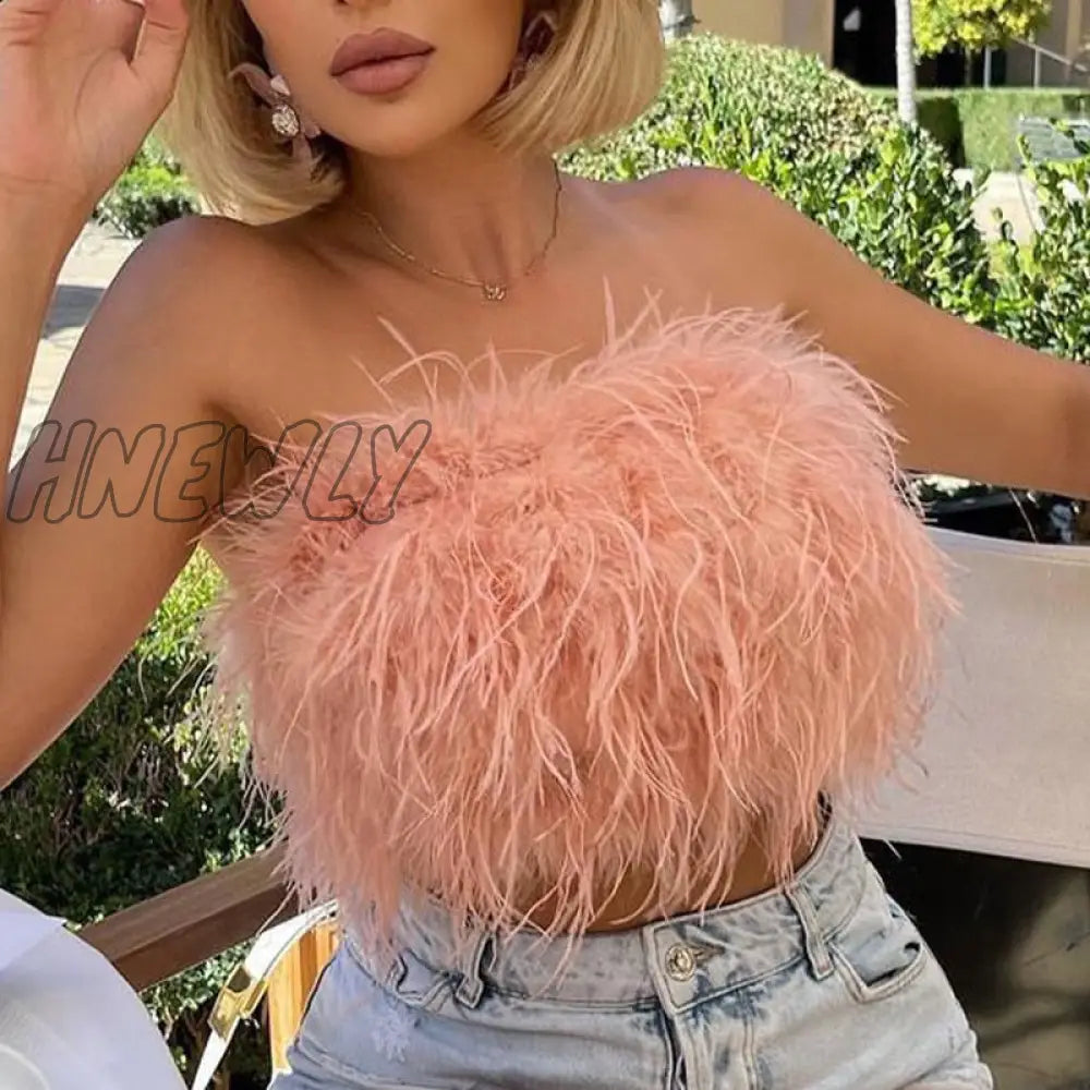 Hnewly Sexy Feather Cropped Tank Top Women Fashion Fluffy Backless Solid Tube Tops Female Spring