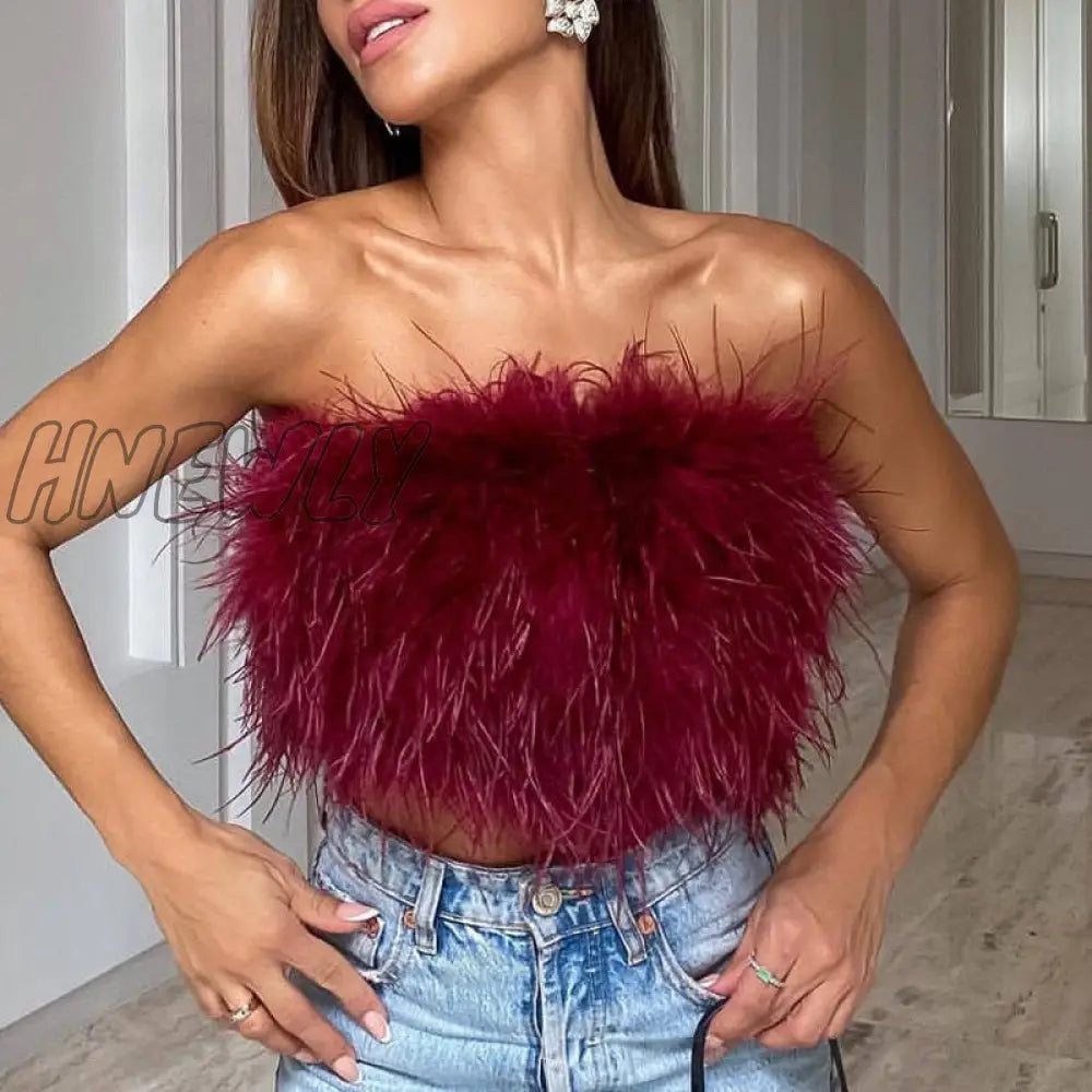 Hnewly Sexy Feather Cropped Tank Top Women Fashion Fluffy Backless Solid Tube Tops Female Spring
