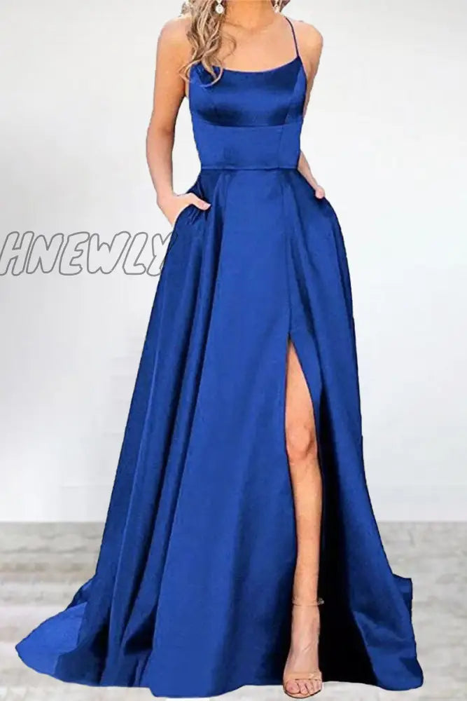 Hnewly - Sexy Formal Solid High Opening U Neck Evening Dress Dresses(16 Colors) Blue / S