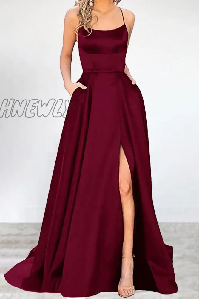 Hnewly - Sexy Formal Solid High Opening U Neck Evening Dress Dresses(16 Colors) Burgundy / S