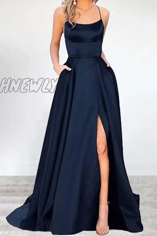 Hnewly - Sexy Formal Solid High Opening U Neck Evening Dress Dresses(16 Colors) Navy Blue / S