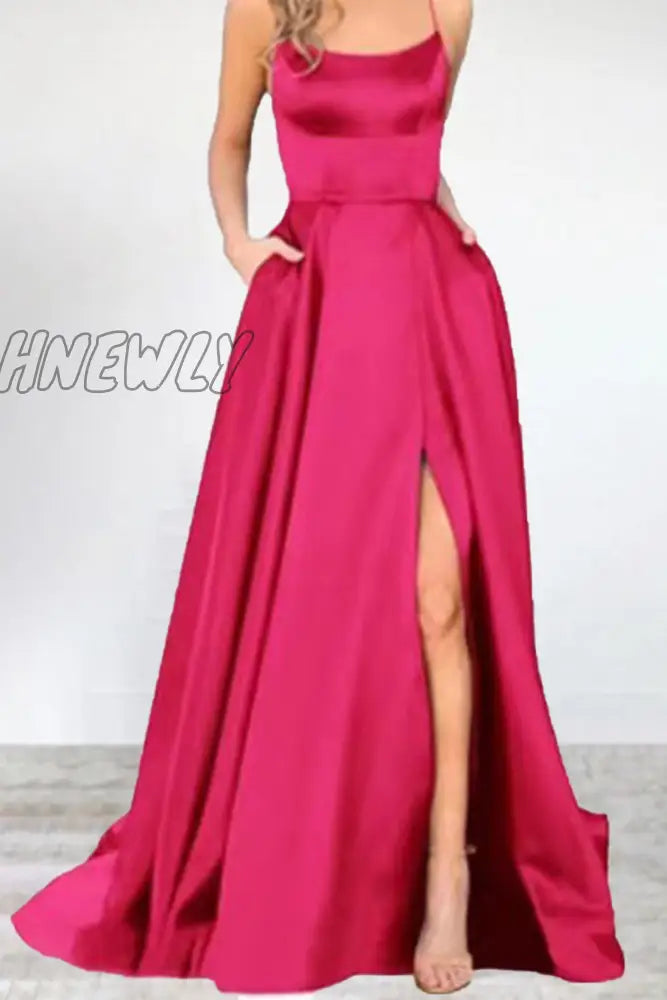 Hnewly - Sexy Formal Solid High Opening U Neck Evening Dress Dresses(16 Colors) Rose Red / S