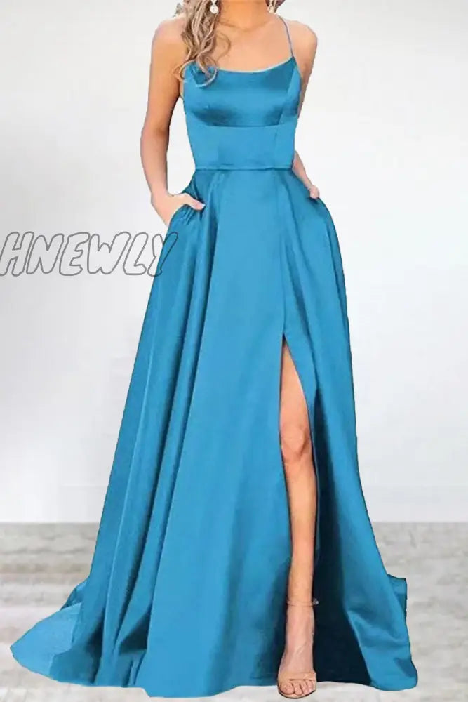 Hnewly - Sexy Formal Solid High Opening U Neck Evening Dress Dresses(16 Colors) Sky Blue / S