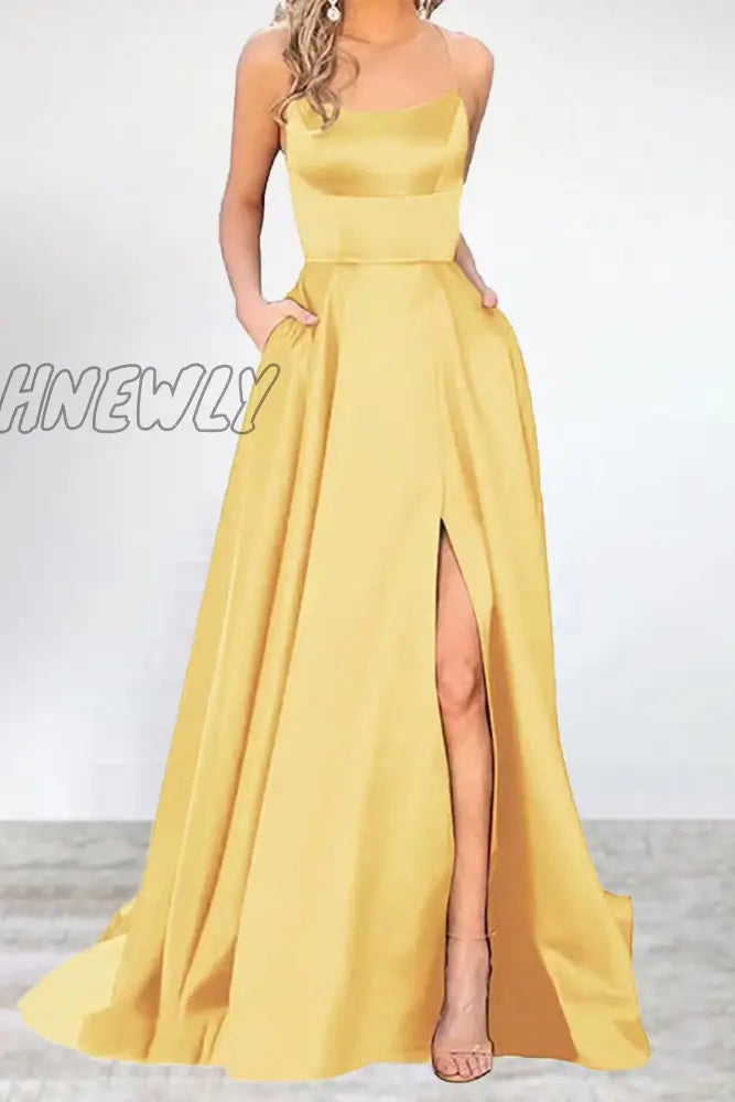 Hnewly - Sexy Formal Solid High Opening U Neck Evening Dress Dresses(16 Colors) Yellow / S