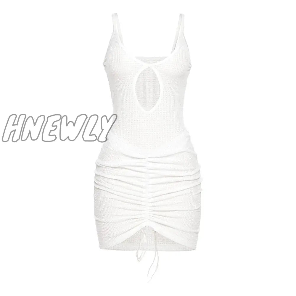 Hnewly Sexy Hollow Out Mini Dress Women Fashion Strap Ruched Bodycon Beach Dresses Summer White See
