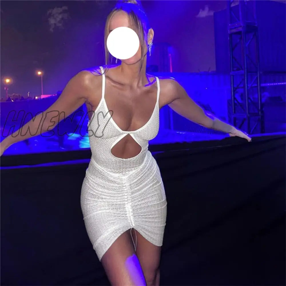 Hnewly Sexy Hollow Out Mini Dress Women Fashion Strap Ruched Bodycon Beach Dresses Summer White See