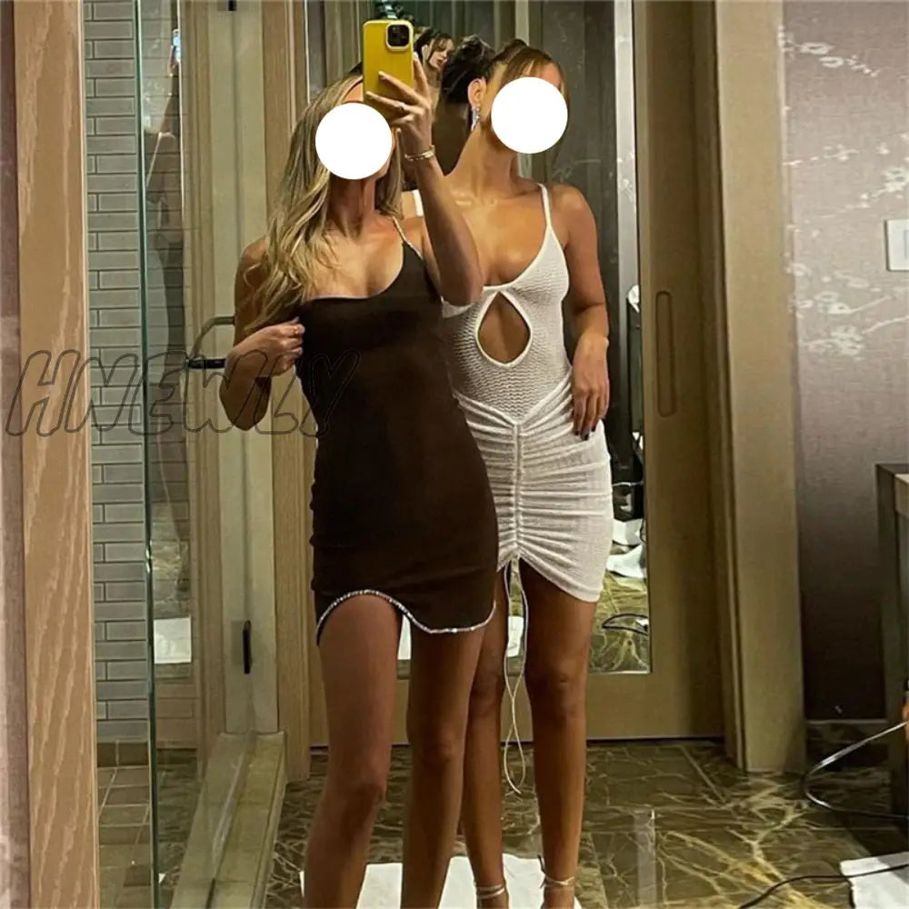 Hnewly Sexy Hollow Out Mini Dress Women Fashion Strap Ruched Bodycon Beach Dresses Summer White See