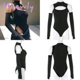 Hnewly Sexy Hollow Out Skinny Bodysuits Women Vintage V-Neck Slim Jumpsuits Swimsuit Backless