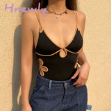 Hnewly Sexy Hollow Out Skinny Bodysuits Women Vintage V-Neck Slim Jumpsuits Swimsuit Backless