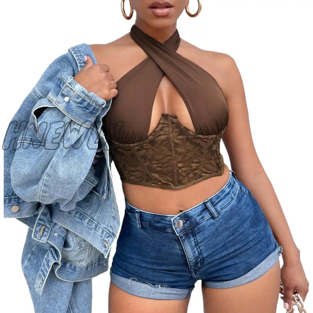 Hnewly Sexy Lace Spliced Cross Halter Bustiers Crop Tops Women Cut Out Plunge V Tank Party Club