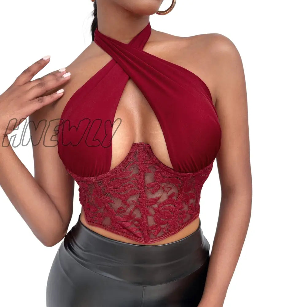 Hnewly Sexy Lace Spliced Cross Halter Bustiers Crop Tops Women Cut Out Plunge V Tank Party Club