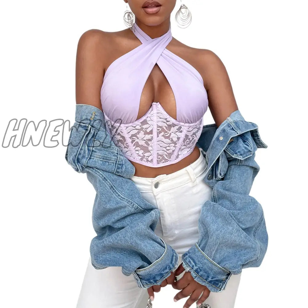 Hnewly Sexy Lace Spliced Cross Halter Bustiers Crop Tops Women Cut Out Plunge V Tank Party Club