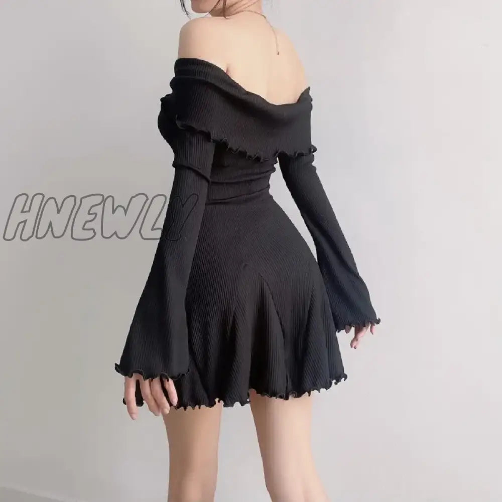 Hnewly Sexy Low-Cut Off Shoulder Dress Elegant Flare Long Sleeve Twist Knot Mini Dresses Y2K