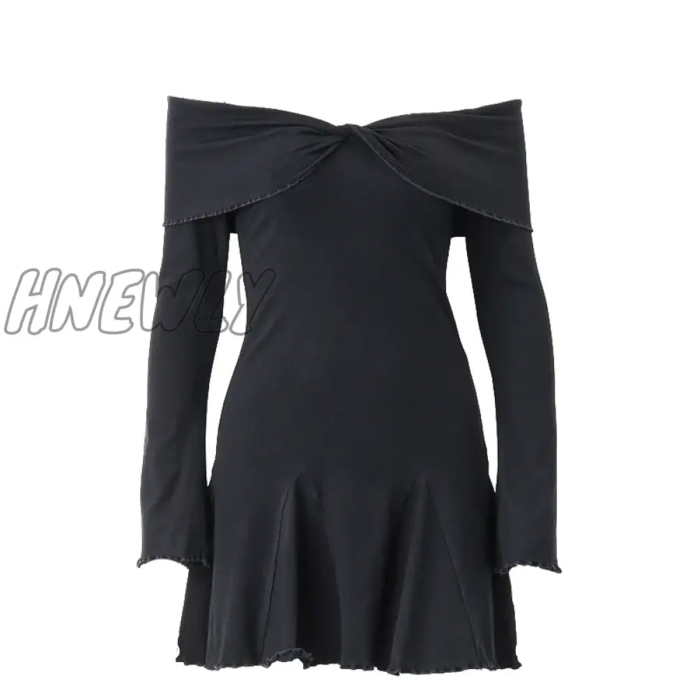 Hnewly Sexy Low-Cut Off Shoulder Dress Elegant Flare Long Sleeve Twist Knot Mini Dresses Y2K