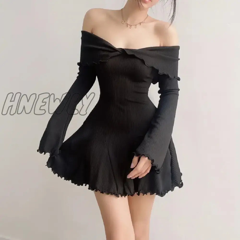 Hnewly Sexy Low-Cut Off Shoulder Dress Elegant Flare Long Sleeve Twist Knot Mini Dresses Y2K