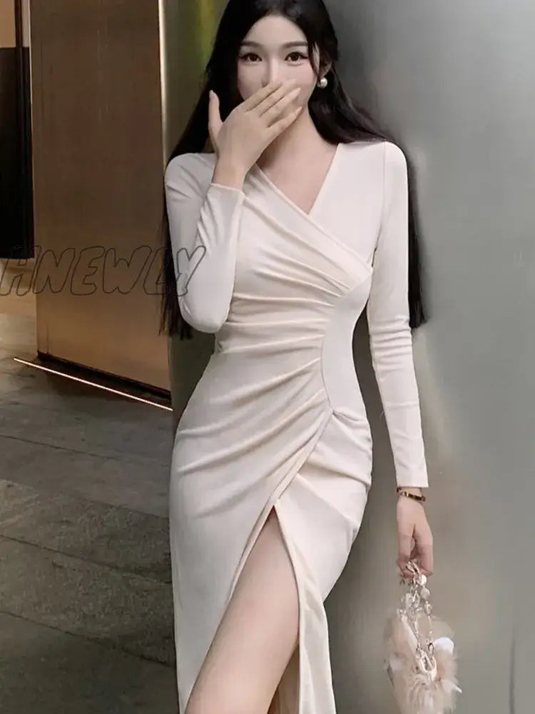 Hnewly Sexy Midi Dress Women Solid Folds Design Slim High Slit V-Neck Long Sleeves Autumn Fashion