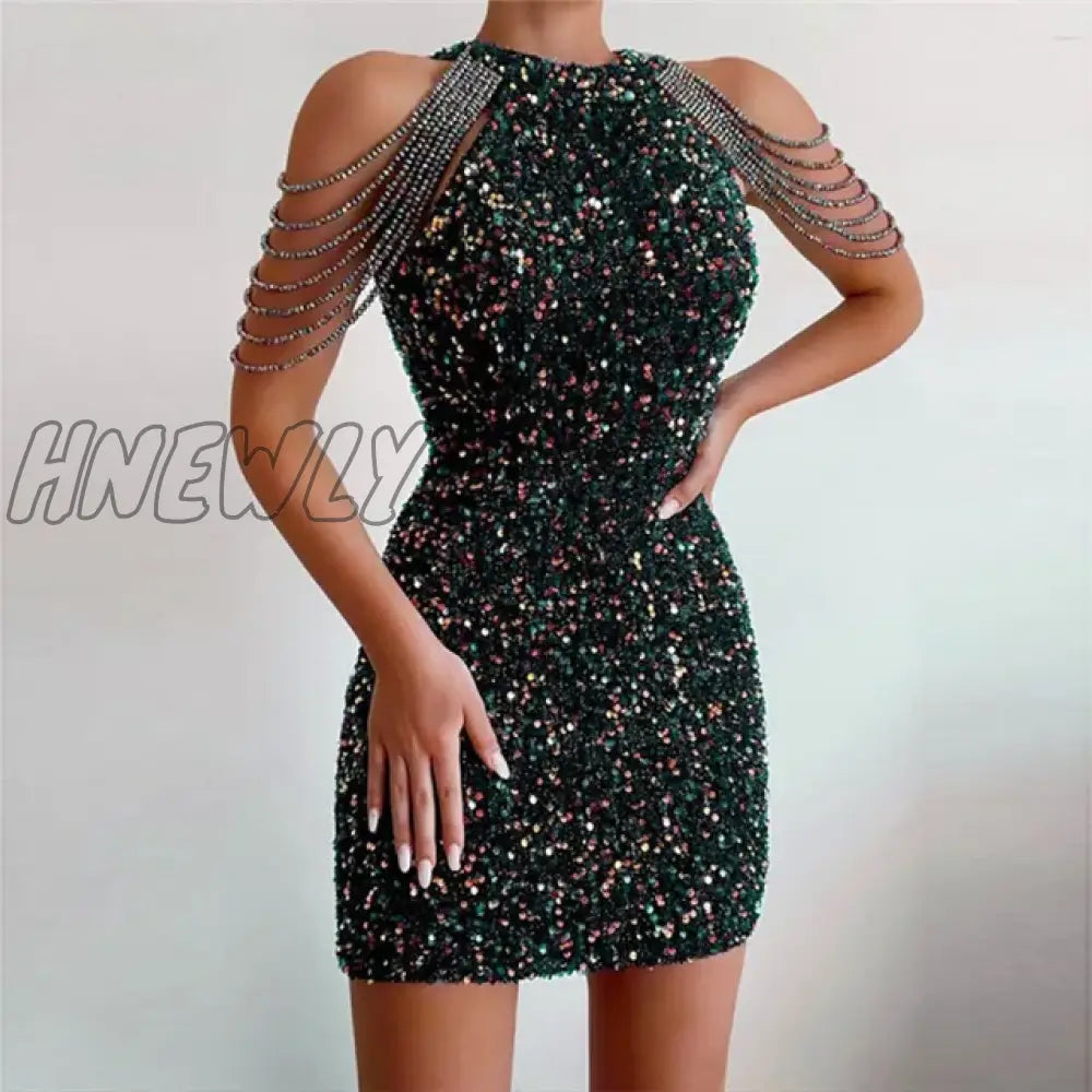 Hnewly Sexy Off Shoulder Sleeveless Slim Mini Party Dress Ladies Elegant Sequin Shiny O Neck Summer