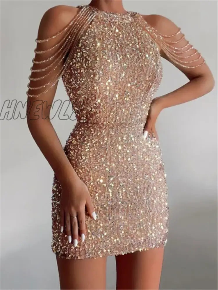 Hnewly Sexy Off Shoulder Sleeveless Slim Mini Party Dress Ladies Elegant Sequin Shiny O Neck Summer