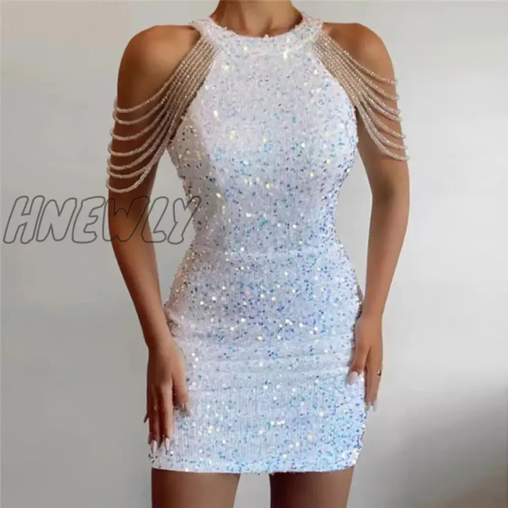 Hnewly Sexy Off Shoulder Sleeveless Slim Mini Party Dress Ladies Elegant Sequin Shiny O Neck Summer