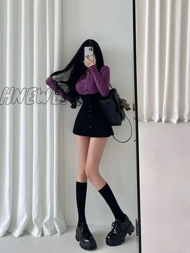 Hnewly Sexy Polo Collar Single Breasted Long Sleeve T-Shirt Hanging Neck Wrap Hip Dress Short Skirt