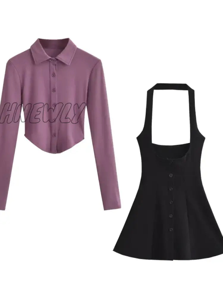 Hnewly Sexy Polo Collar Single Breasted Long Sleeve T-Shirt Hanging Neck Wrap Hip Dress Short Skirt