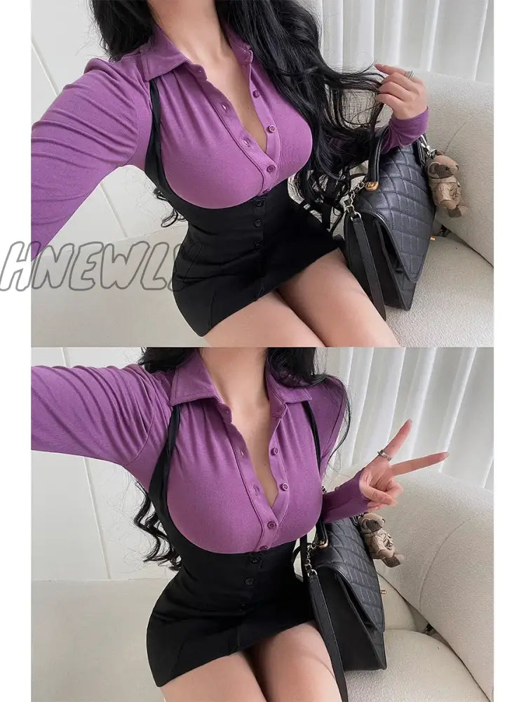 Hnewly Sexy Polo Collar Single Breasted Long Sleeve T-Shirt Hanging Neck Wrap Hip Dress Short Skirt