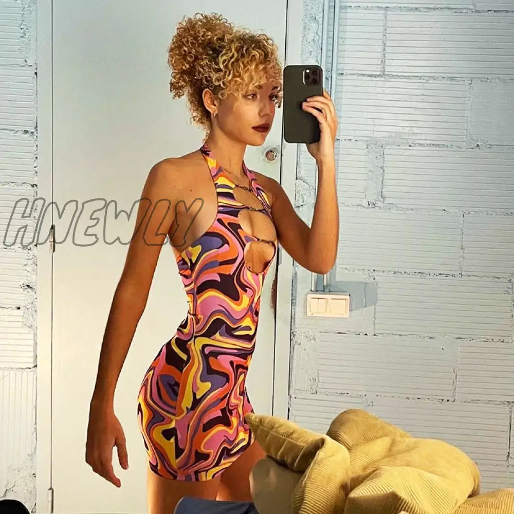 Hnewly Sexy Print Halter Neck Cut Out Bodycon Mini Dress Women Half Sleeve Backless Stretchy