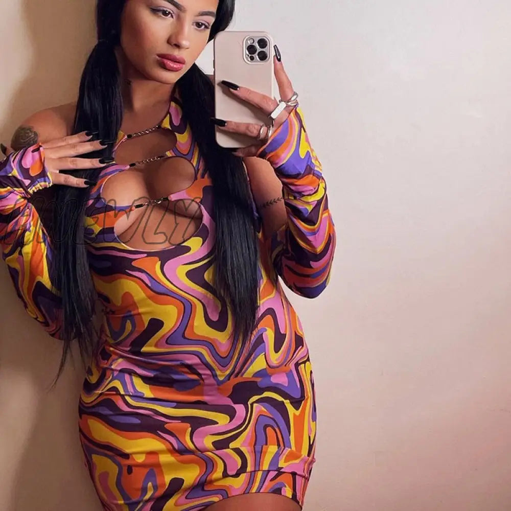 Hnewly Sexy Print Halter Neck Cut Out Bodycon Mini Dress Women Half Sleeve Backless Stretchy