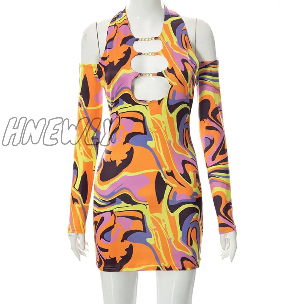 Hnewly Sexy Print Halter Neck Cut Out Bodycon Mini Dress Women Half Sleeve Backless Stretchy