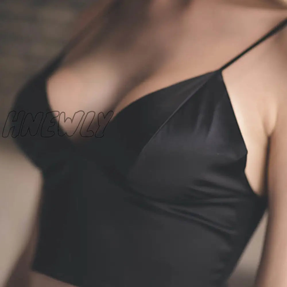 Hnewly Sexy Satin Crop Tops Women Wireless Bralette Crochet Top Female Spaghetti Strap T-Shirt