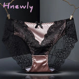 Hnewly Sexy Satin Lace Panties Women's Underwear Transparent Sheer Lace Briefs Tangas Knickers Soft Shiny Satin Panty