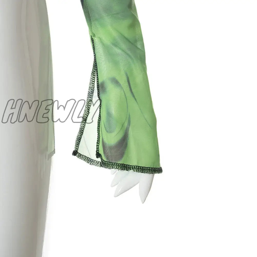 Hnewly  Sexy See Trough Crop Top Y2K Vintage Graphic Print Green Mesh Sheer T - Shirt Long Flare