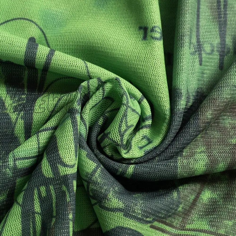 Hnewly  Sexy See Trough Crop Top Y2K Vintage Graphic Print Green Mesh Sheer T - Shirt Long Flare
