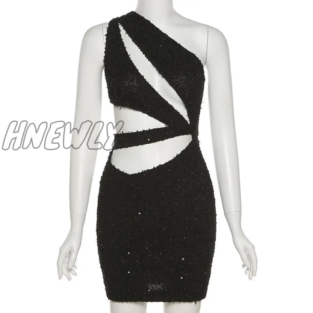 Hnewly Sexy Sequins Trend Women Mini Dress One Shoulder Hollow Out Elastic Bodycon Waistless Skinny