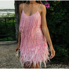 Hnewly Sexy Sleeveless V-Neck Tassel Mini Dress Women Elegant Evening Party Bodycon Dresses Summer