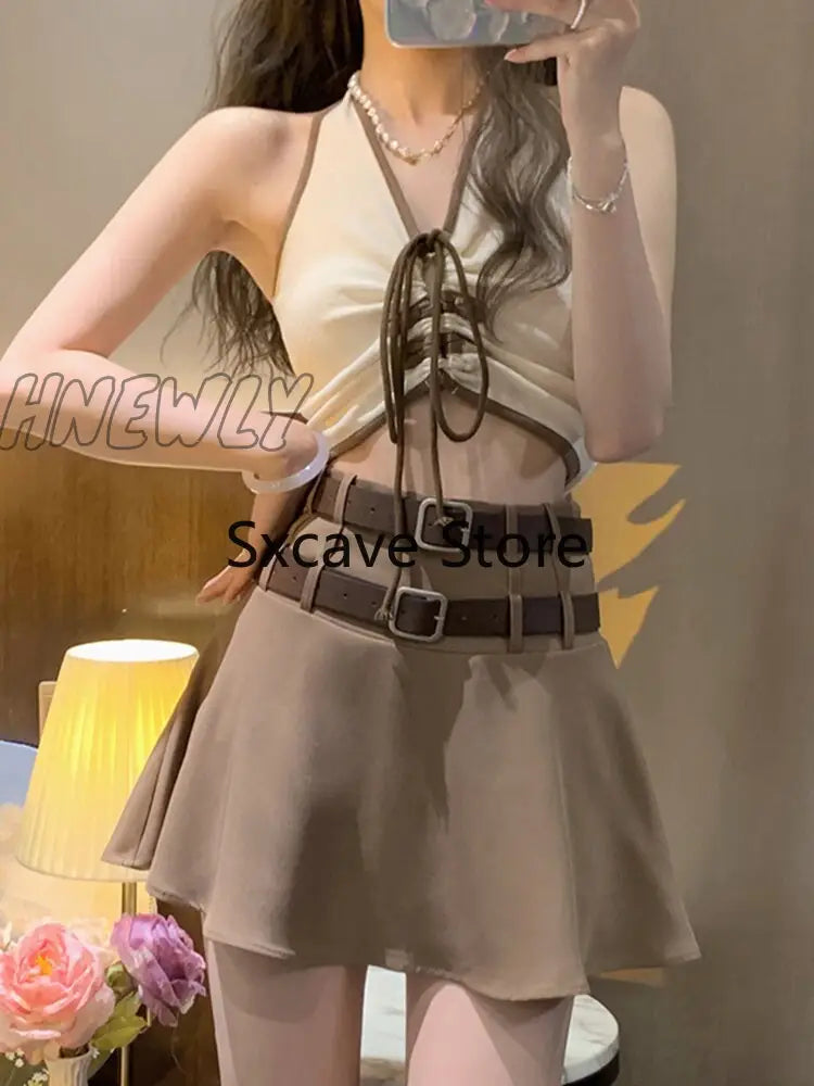 Hnewly Sexy Slim 2 Piece Dress Set Women Casual Y2K Crop Tops + Short Skirts Fashion Suits Korean