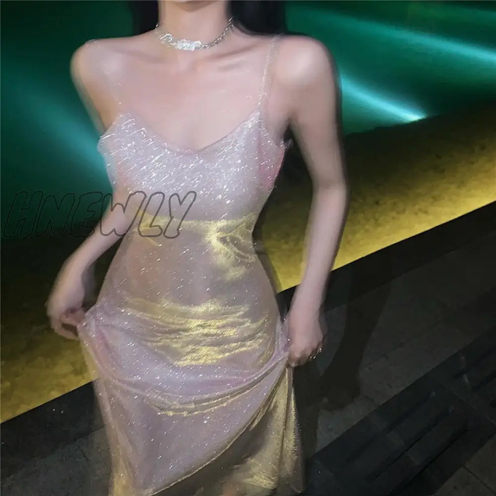 Hnewly Sexy Slim Fit Spaghetti Strap Dress Women Fashion Sequin Off Shoulder Party Woman Elegant