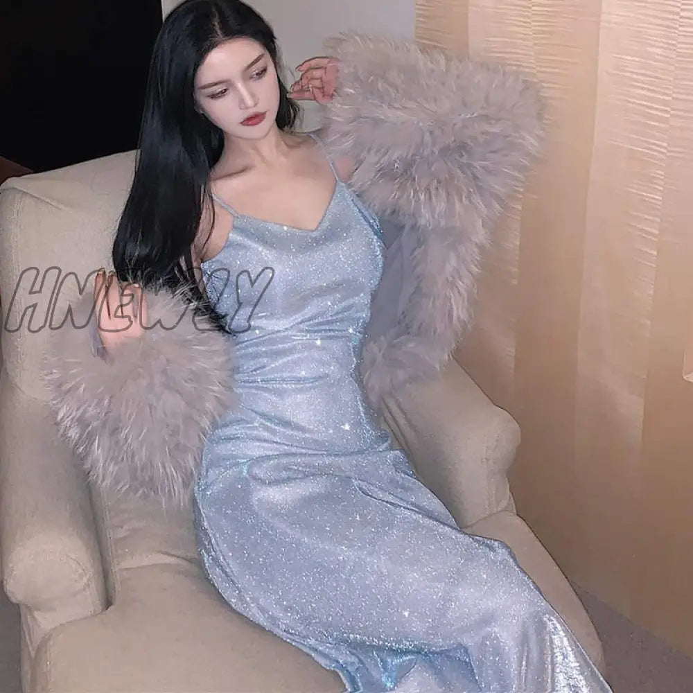 Hnewly Sexy Slim Fit Spaghetti Strap Dress Women Fashion Sequin Off Shoulder Party Woman Elegant