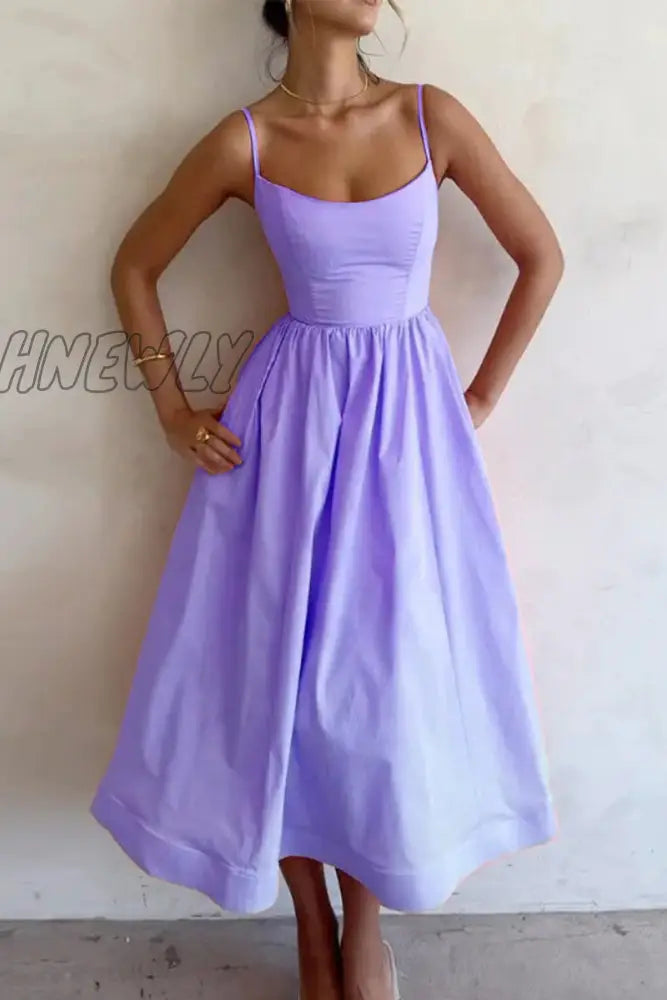 Hnewly - Sexy Solid Fold U Neck Sling Dress Dresses Purple / S Dresses/Summer